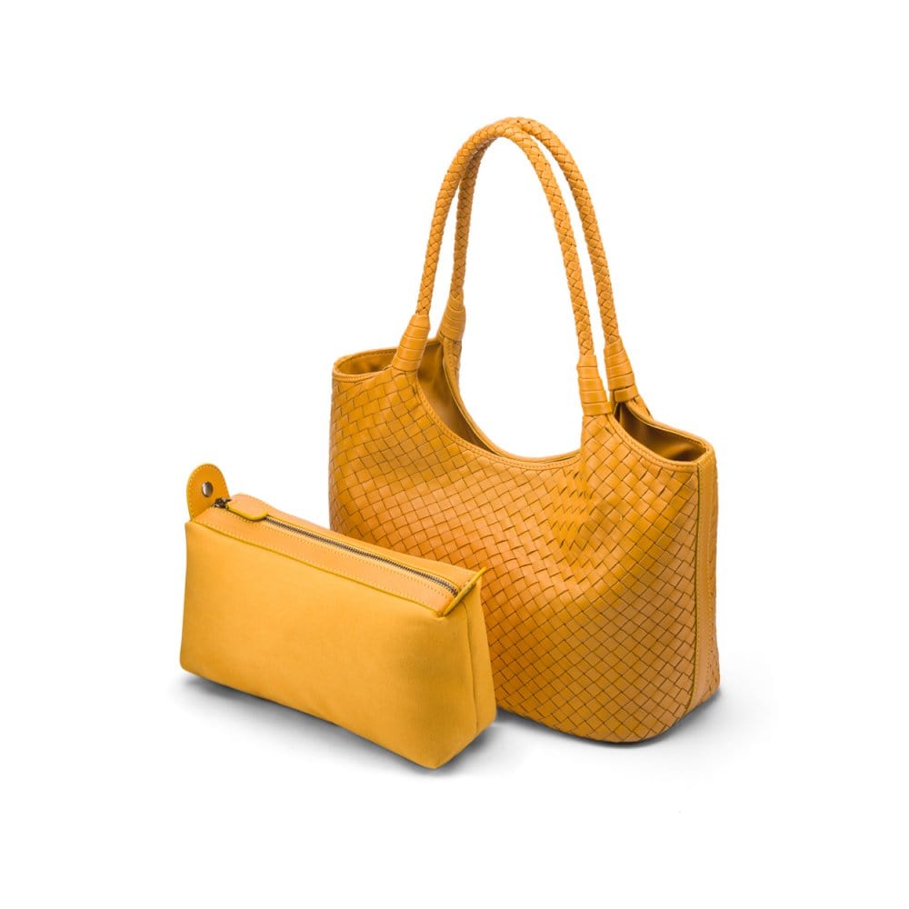 Woven leather shoulder bag, yellow, with inner bag