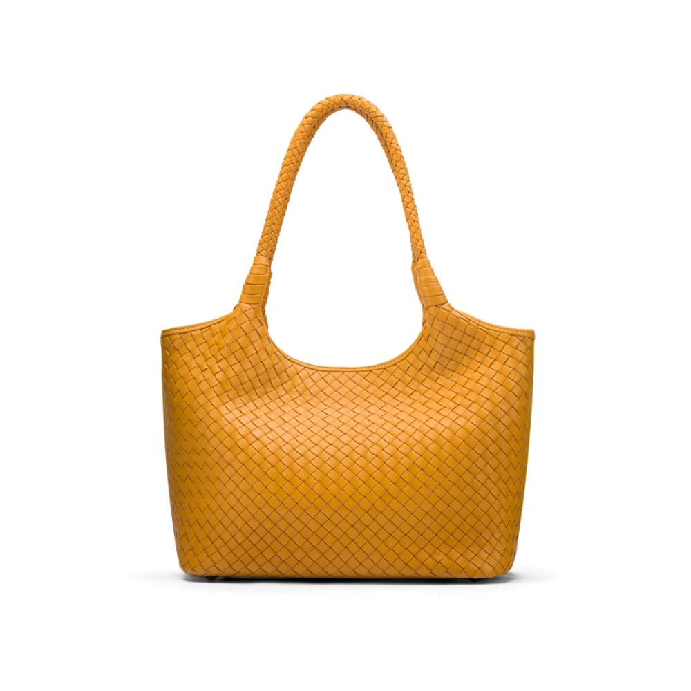 Woven leather shoulder bag, yellow, front