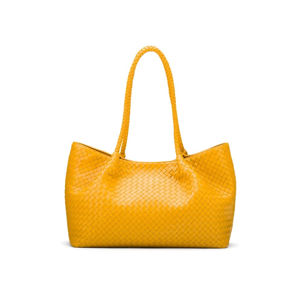 Woven leather slouchy bag, yellow, front