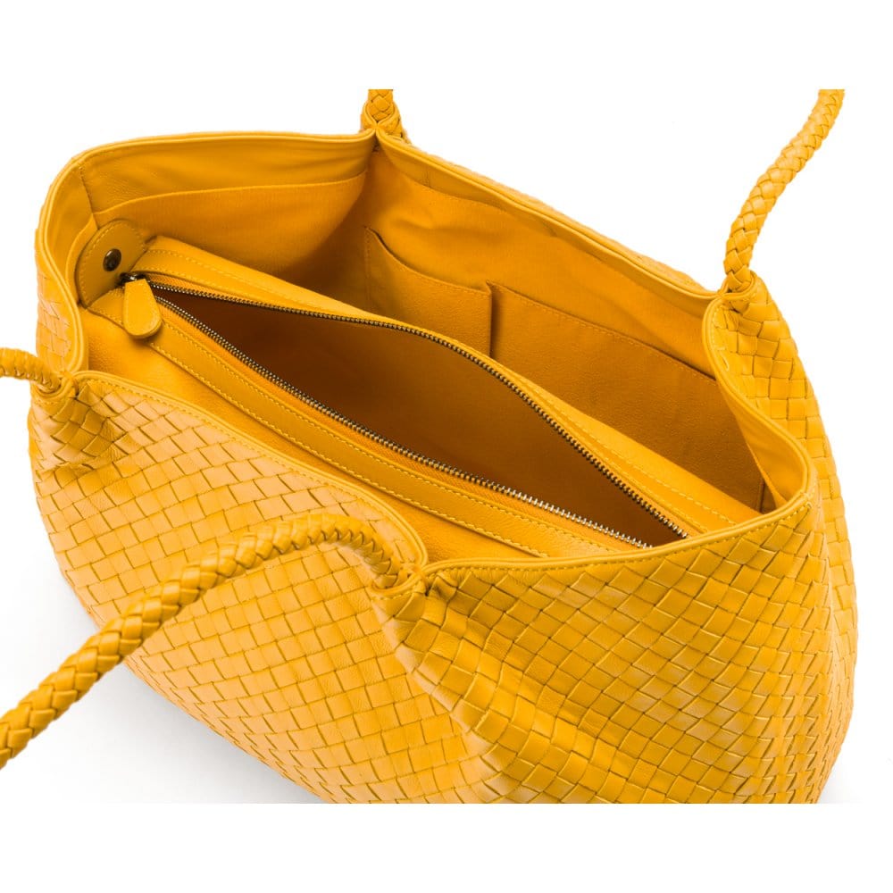Woven leather slouchy bag, yellow, inside