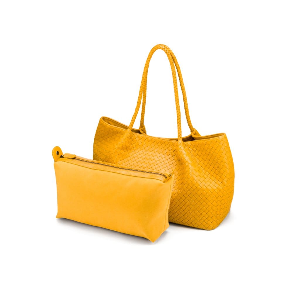 Woven leather slouchy bag, yellow, with inner bag
