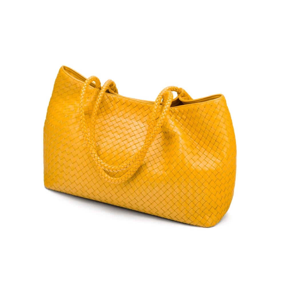 Woven leather slouchy bag, yellow, side