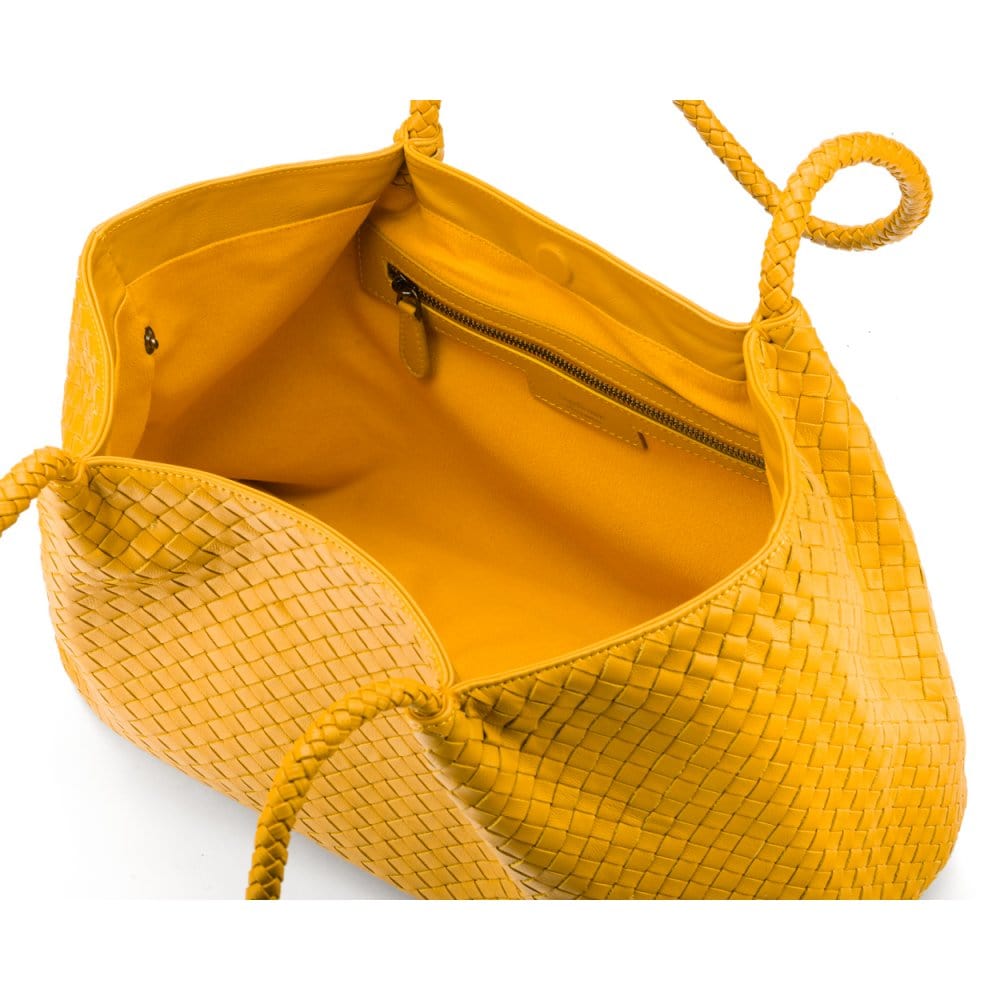 Woven leather slouchy bag, yellow, without inner bag
