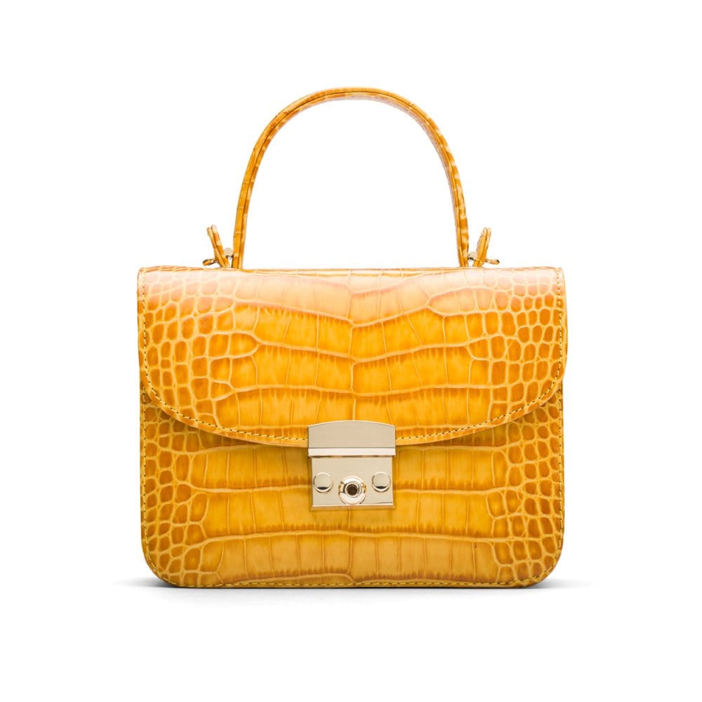 Small leather top handle bag, yellow croc,, front