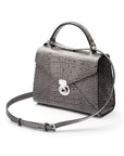Leather top handle bag, Burnett bag, grey croc, with shoulder strap