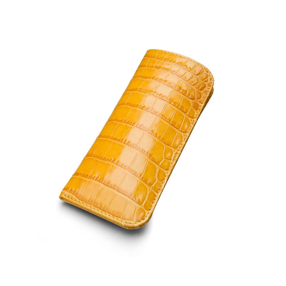 Large leather glasses case, yellow croc, front