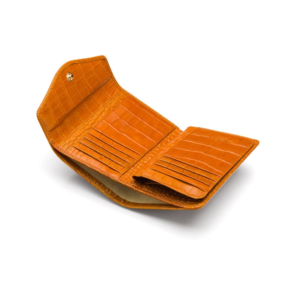 Large leather purse with 15 CC, yellow croc, open
