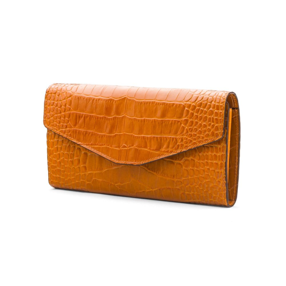 Leather accordion clutch purse with 12 card slots, yellow croc, front
