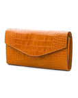 Leather accordion clutch purse with 12 card slots, yellow croc, front