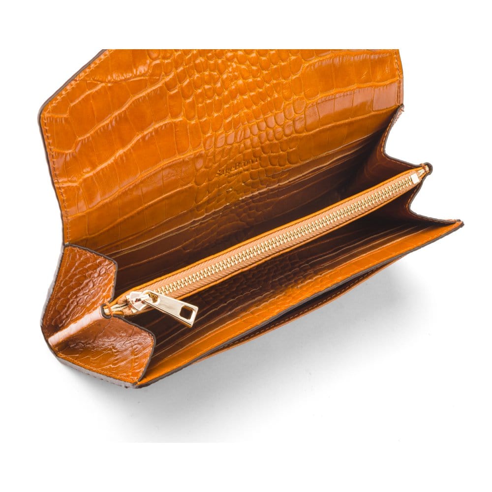 Leather accordion clutch purse with 12 card slots, yellow croc, inside