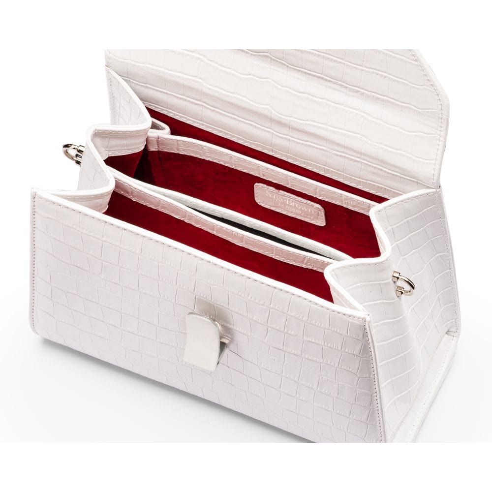 Leather top handle handbag, white croc, inside