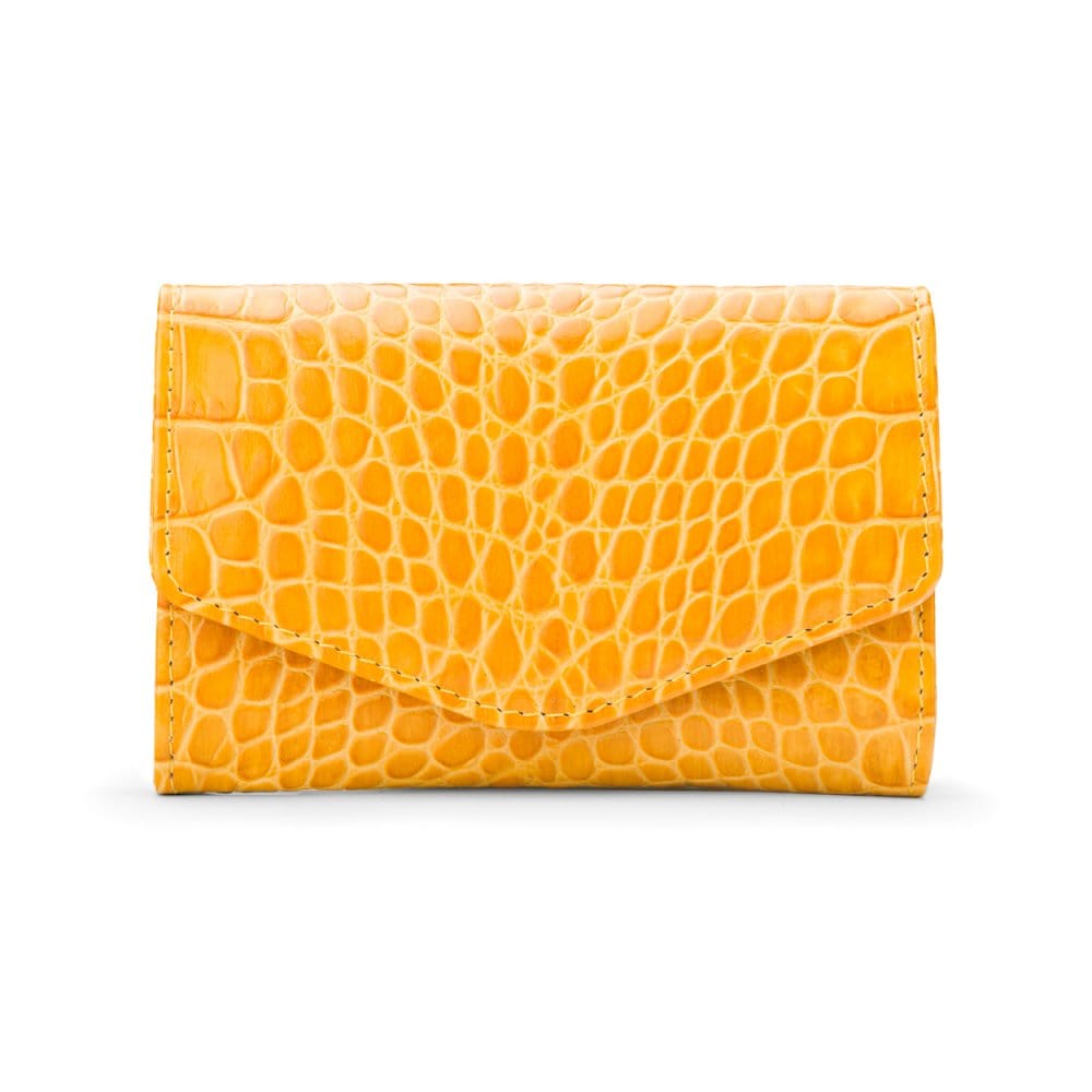 Small leather concertina purse, yellow croc, front