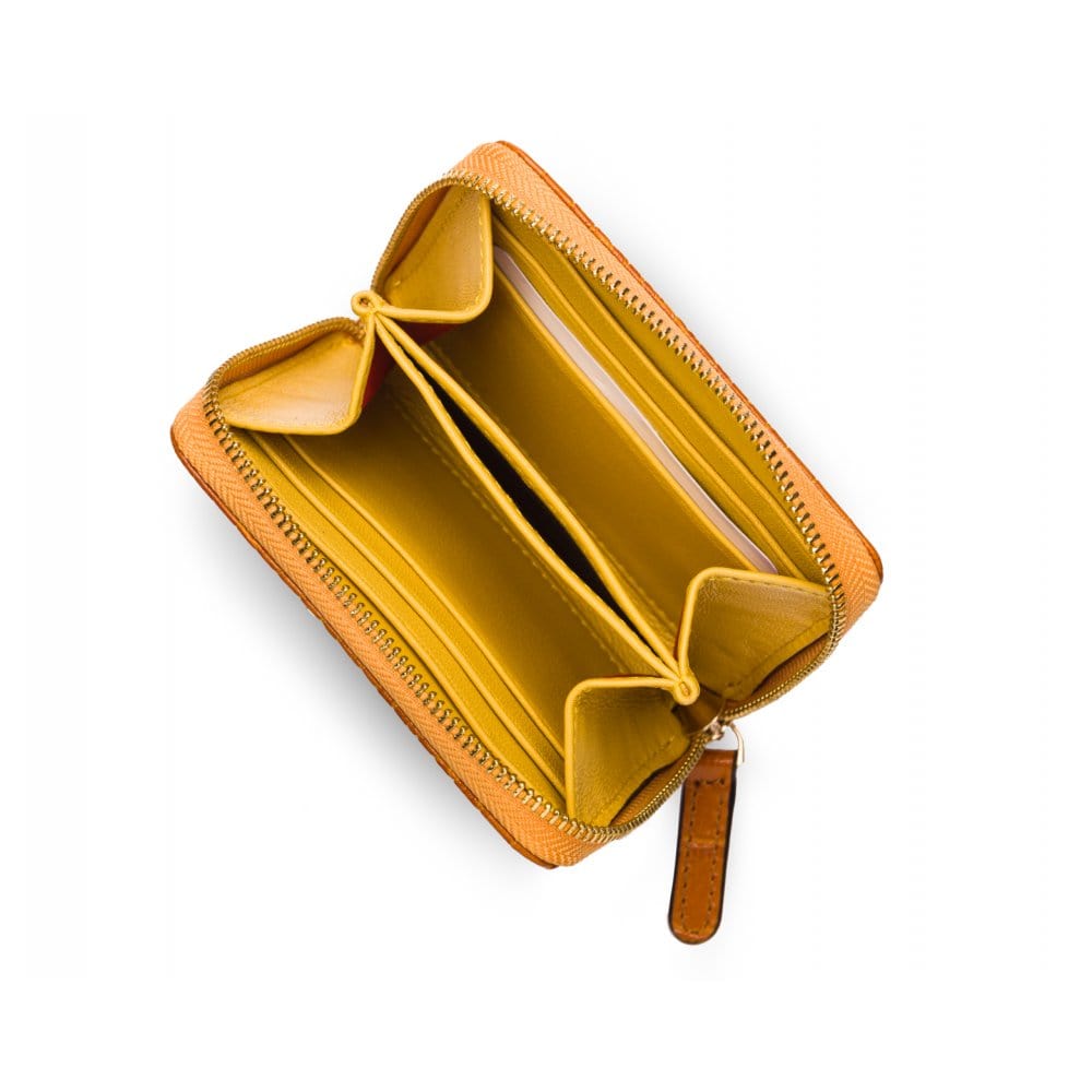 Small leather zip around accordion coin purse, yellow croc, open