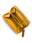 Small leather zip around accordion coin purse, yellow croc, open
