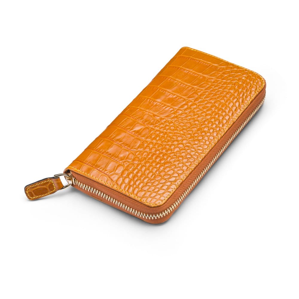 Tall leather zip around accordion purse, yellow croc, front