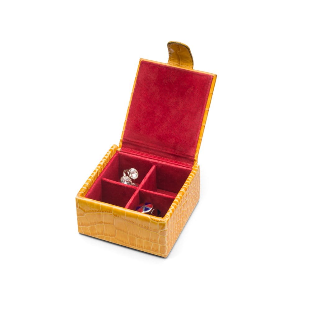 Leather jewellery box, yellow croc, open