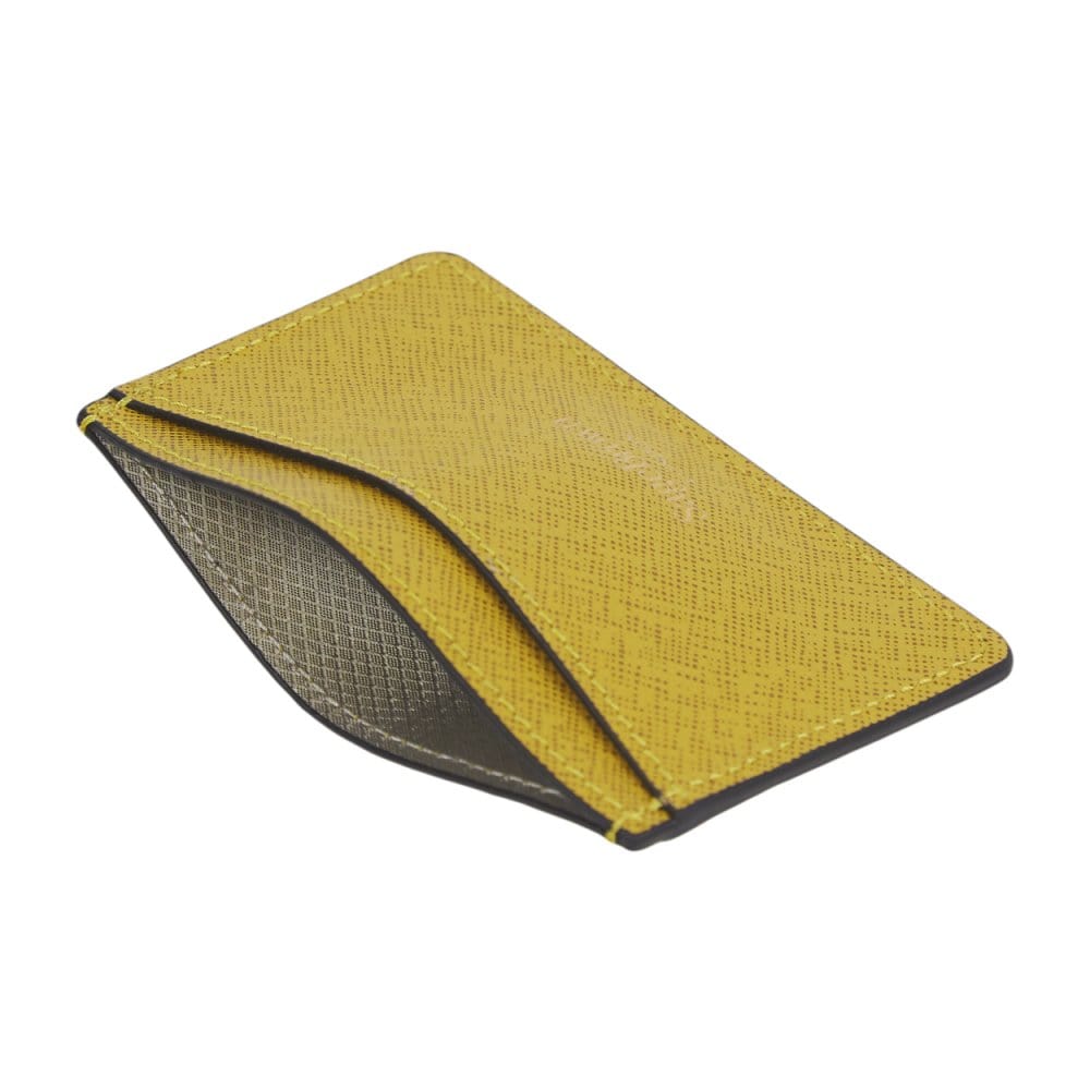 Yellow Saffiano Flat Leather Credit Card Case With RFID Blocking Lining
