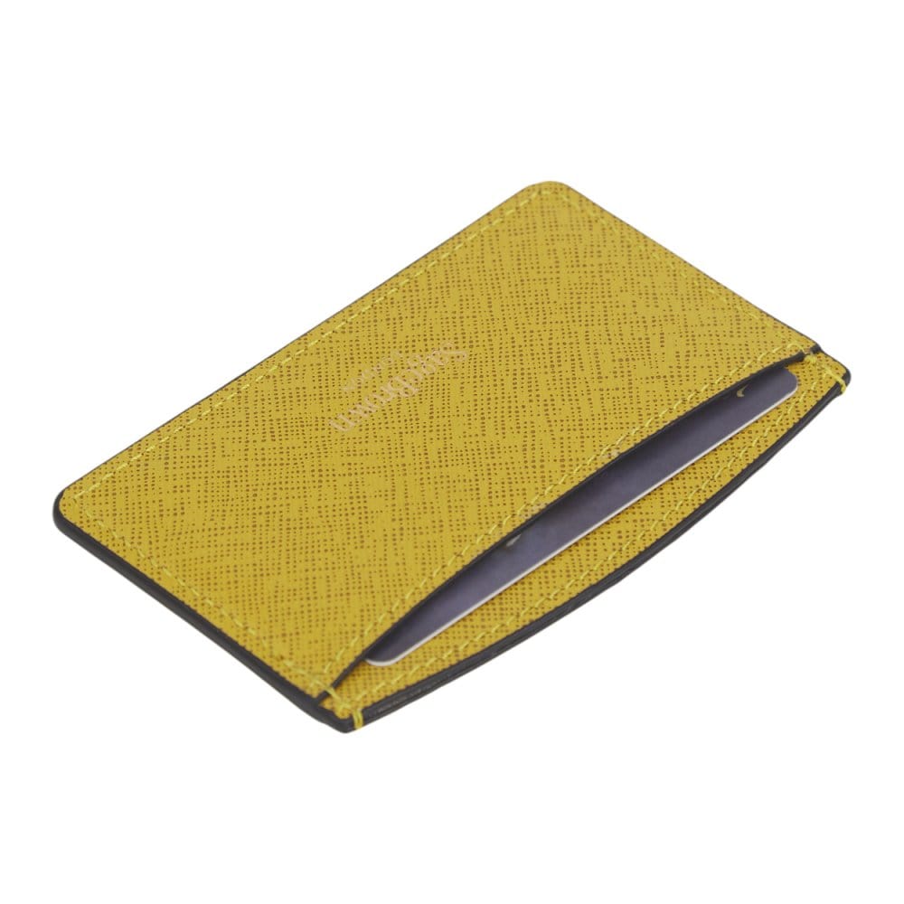 Yellow Saffiano Flat Leather Credit Card Case With RFID Blocking Lining