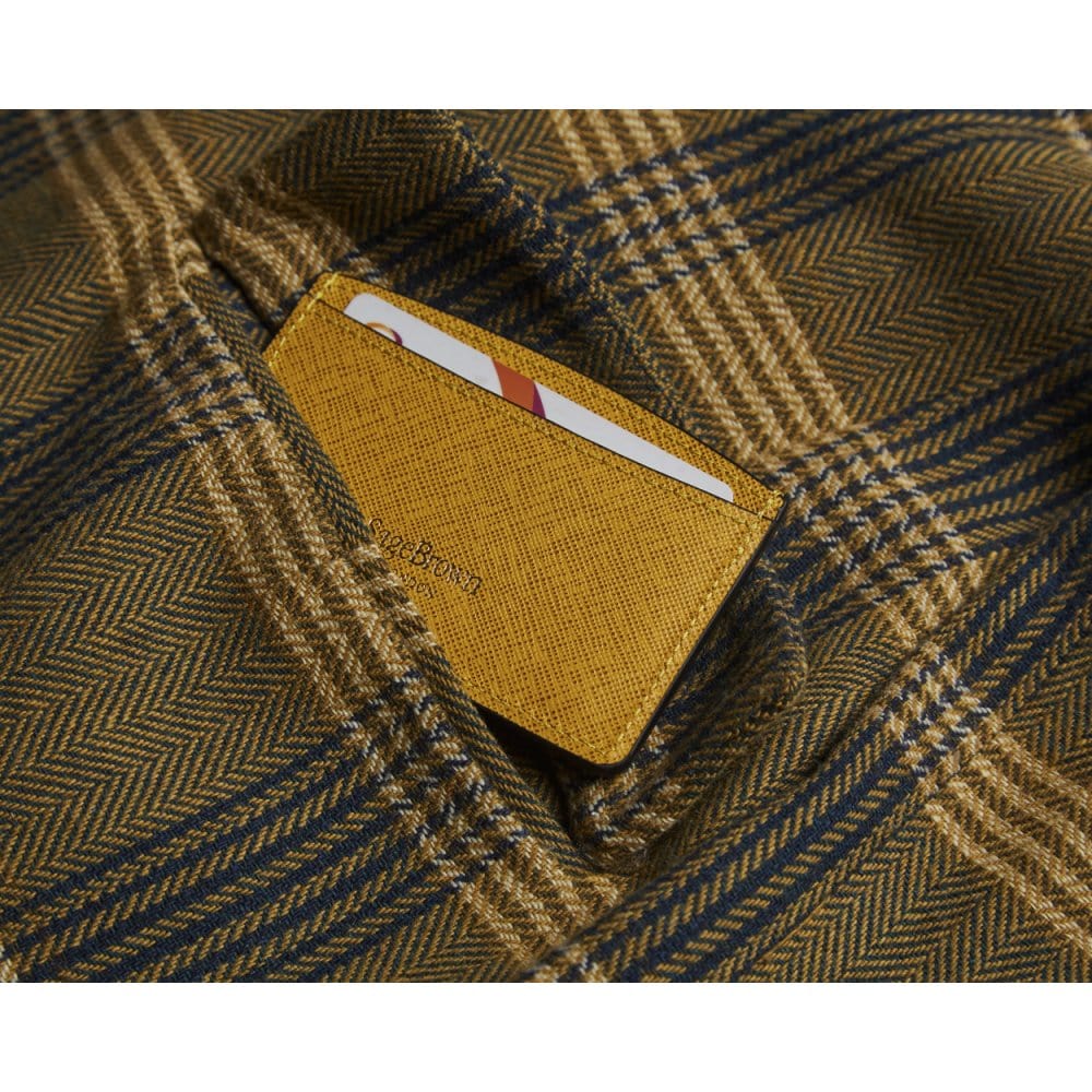 Yellow Saffiano Flat Leather Credit Card Case With RFID Blocking Lining