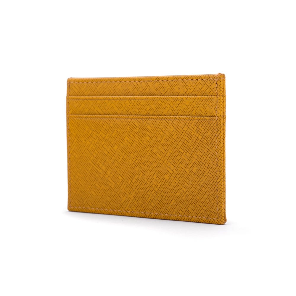 Flat leather credit card wallet 4 CC, yellow saffiano, front