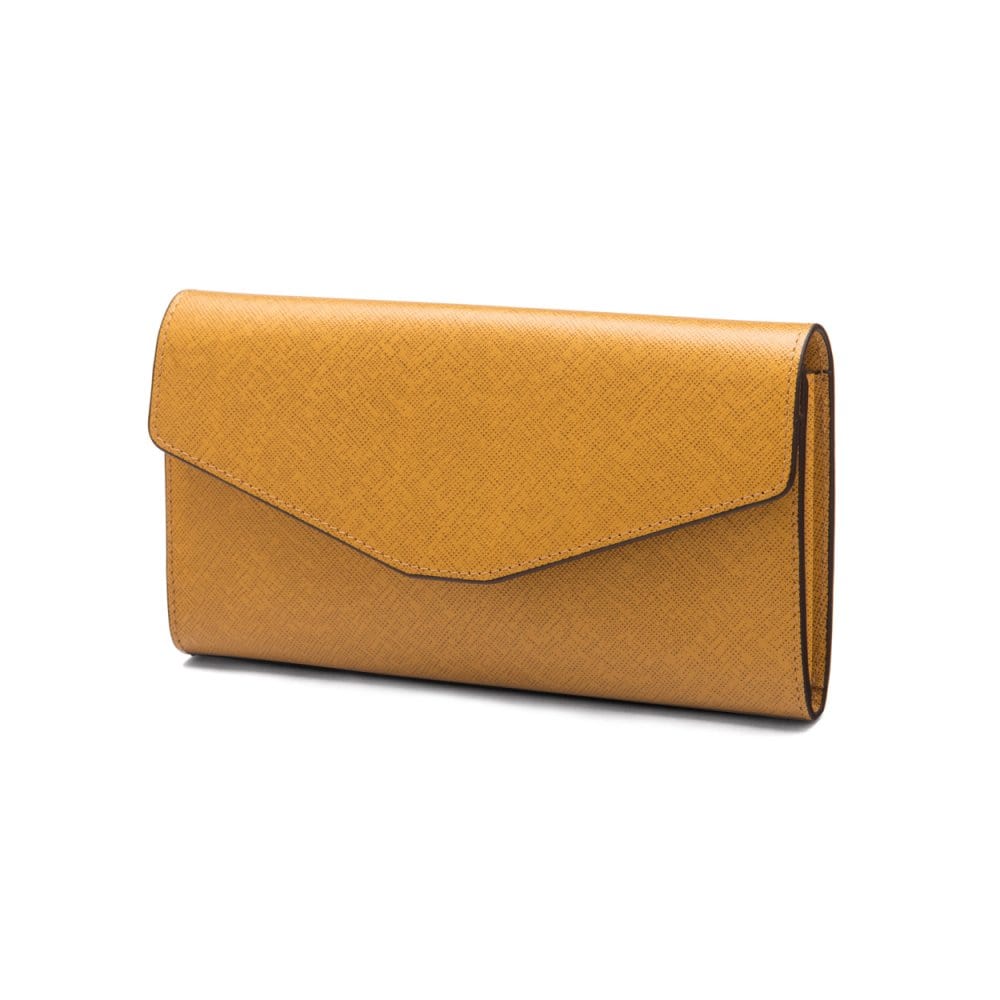 Leather accordion clutch purse with 12 card slots, yellow saffiano, front