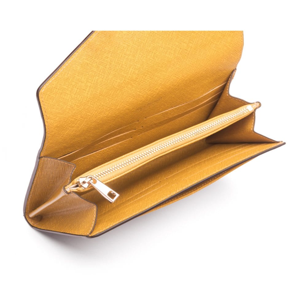 Leather accordion clutch purse with 12 card slots, yellow saffiano, inside