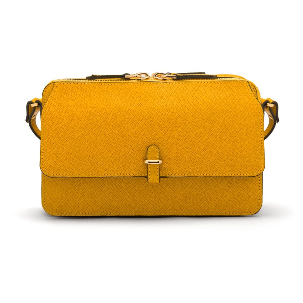 Small leather shoulder bag, yellow saffiano, front view