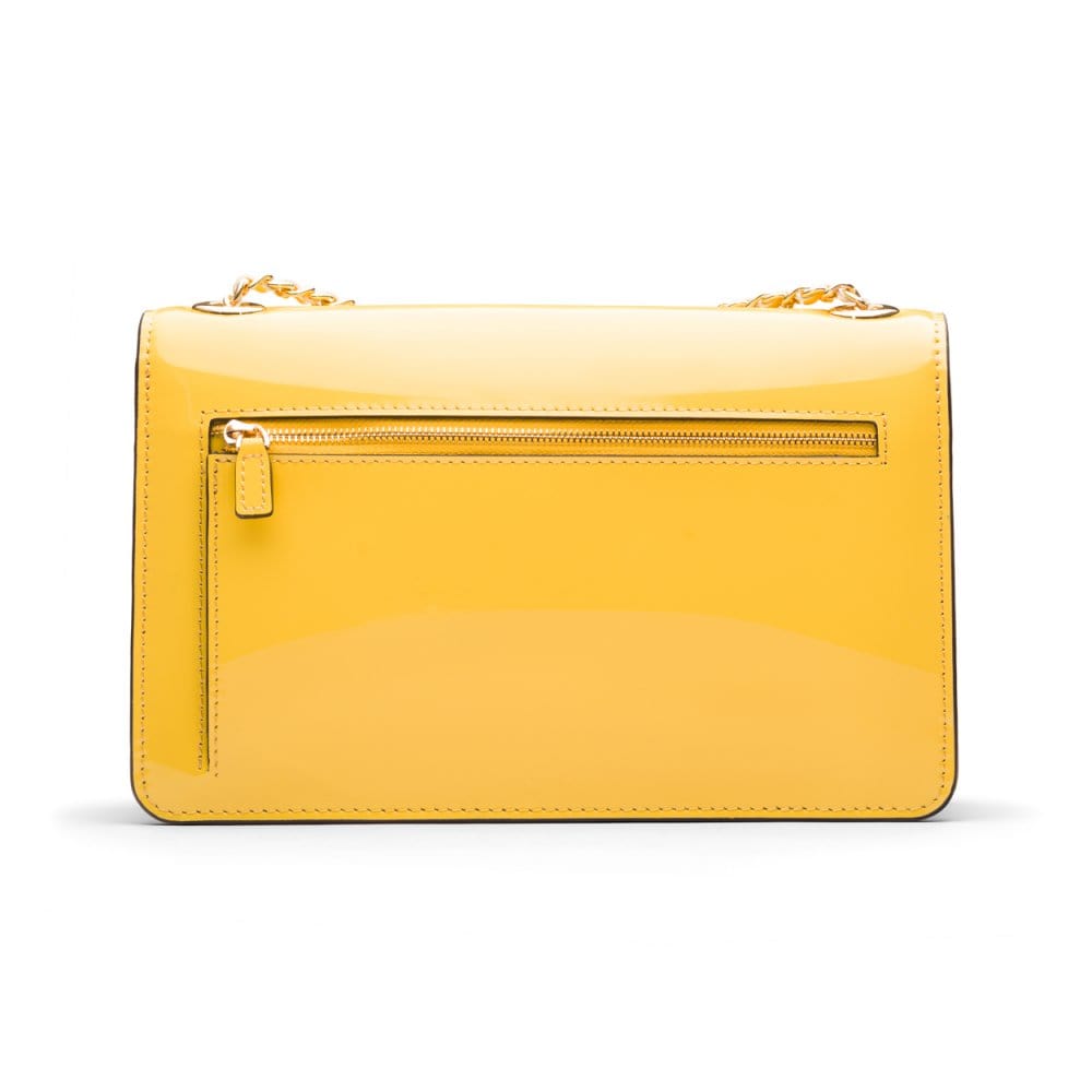 Leather chain bag, yellow patent, back view