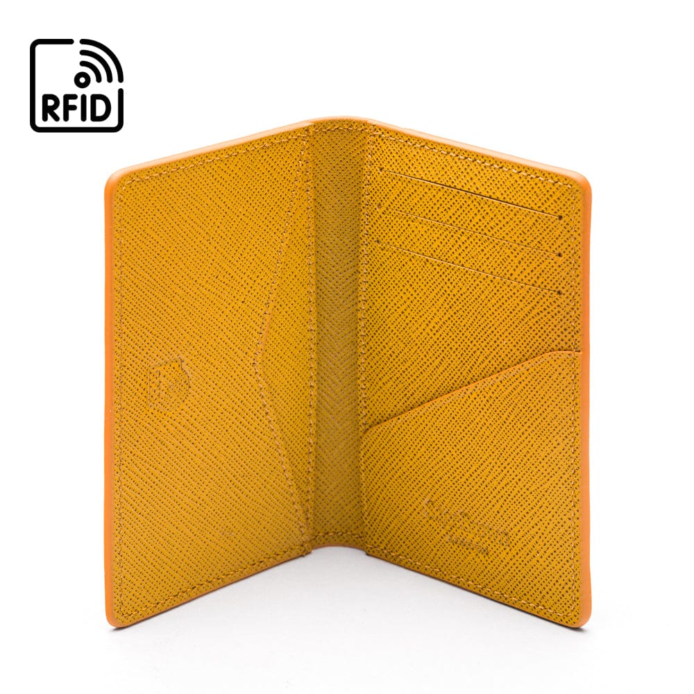 RFID bifold credit card holder, yellow saffiano, inside view