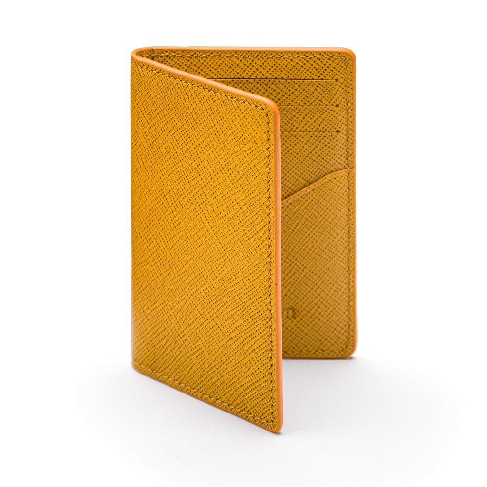 RFID bifold credit card holder, yellow saffiano, front view