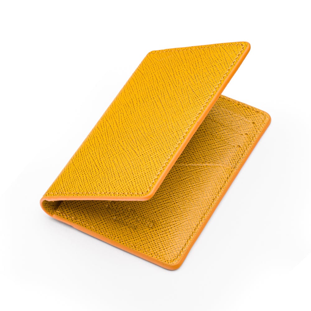 RFID bifold credit card holder, yellow saffiano, open view