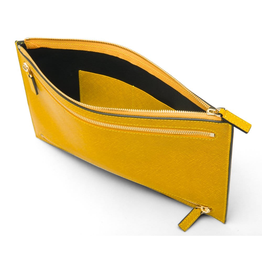 Leather travel document and currency case, yellow, inside