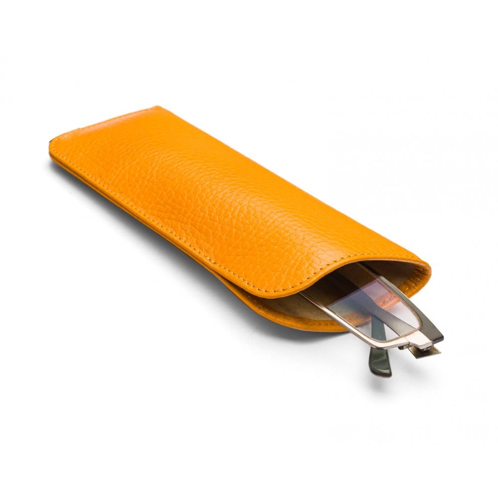 Small leather glasses case, yellow, open