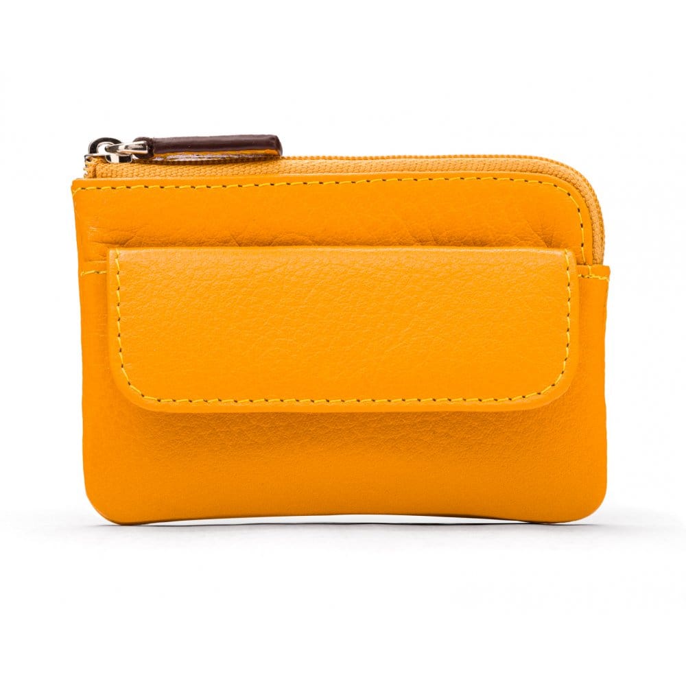 Small leather zip coin purse, yellow, front