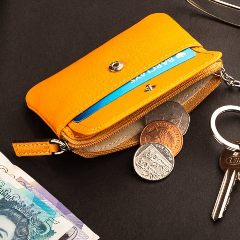 Small leather zip coin purse, yellow, lifestyle