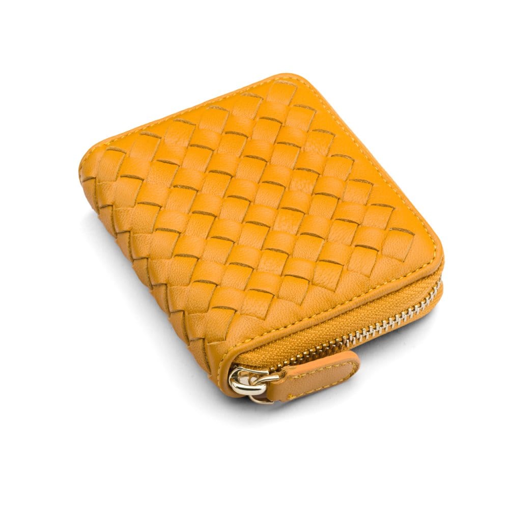 Small zip around woven leather accordion purse, yellow, front
