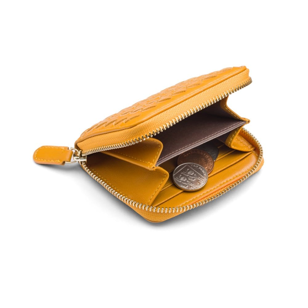 Small zip around woven leather accordion purse, yellow, inside