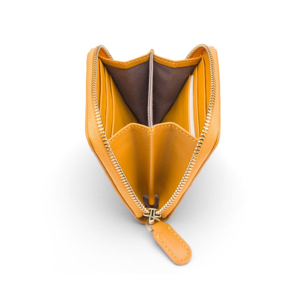 Small zip around woven leather accordion purse, yellow, open