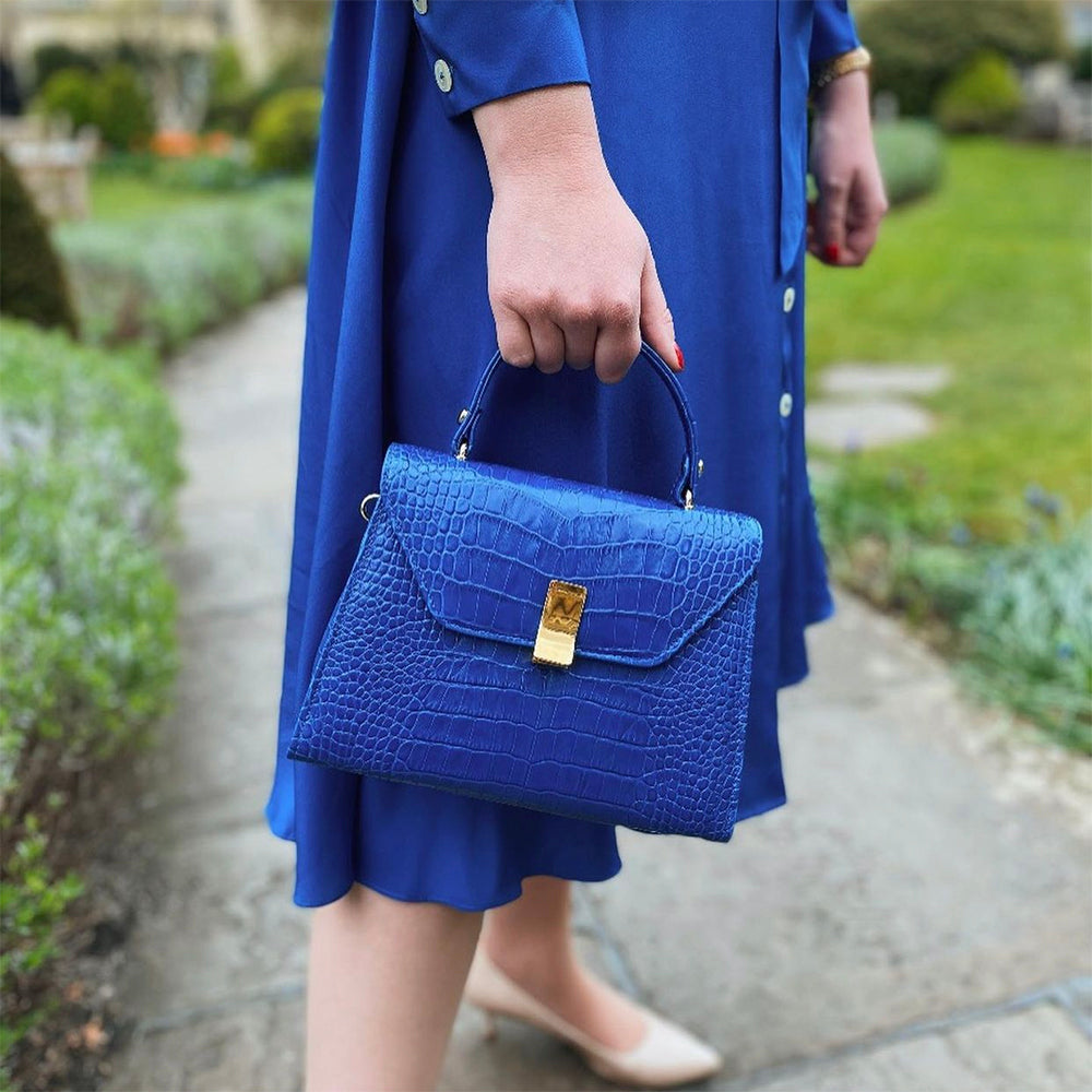 Sabrina Top Handle Bag, Cobalt Blue Croc