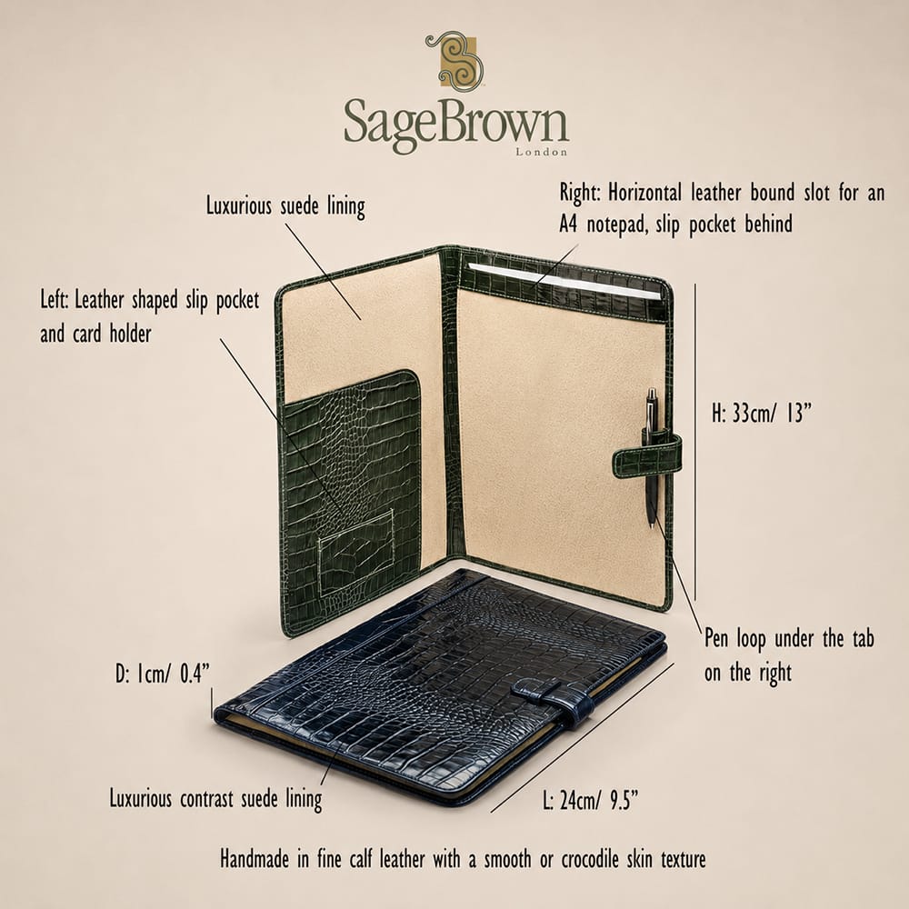 A4 leather conference folder with tab closure, features and dimensions