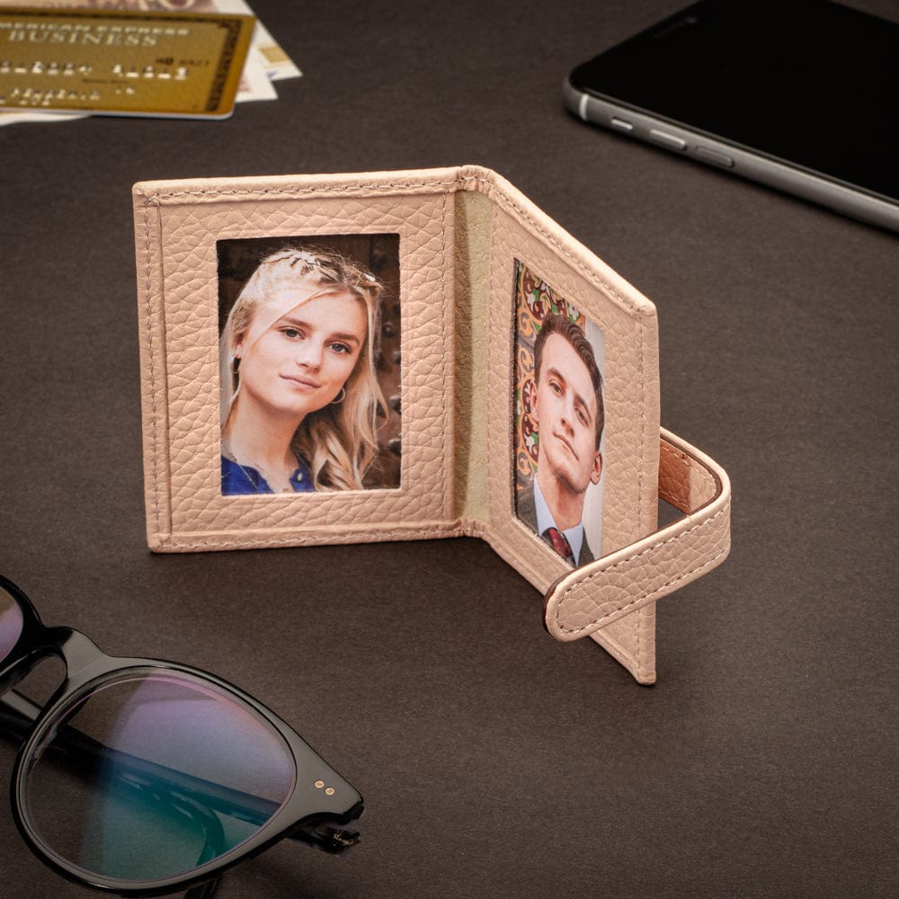 Mini leather passport photo frame, pink, 60 x 40mm, lifestyle