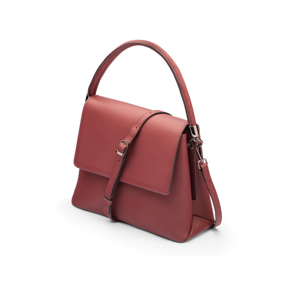 Leather handbag with flap over lid, burgundy,, with shoulder strap