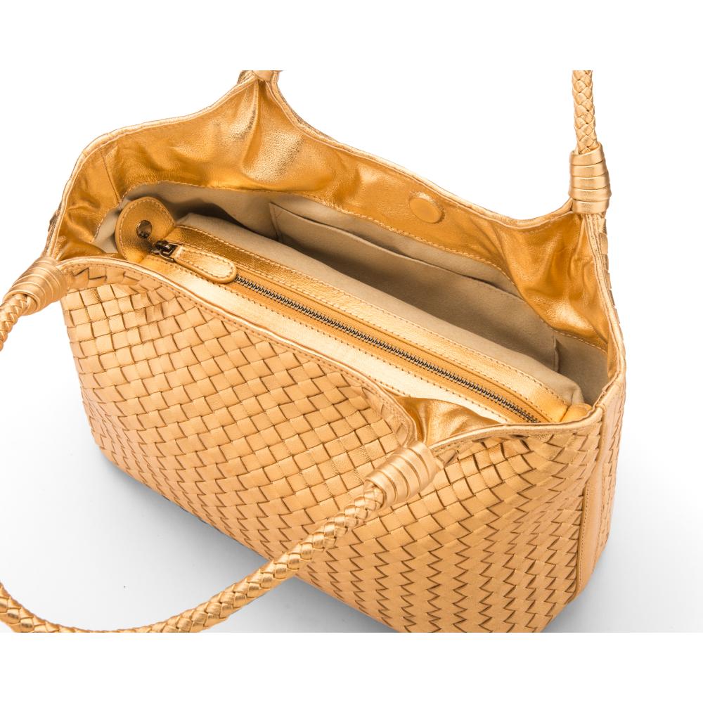 Woven leather shoulder bag, gold, inside