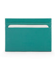 Flat leather credit card wallet 4 CC, teal saffiano, front