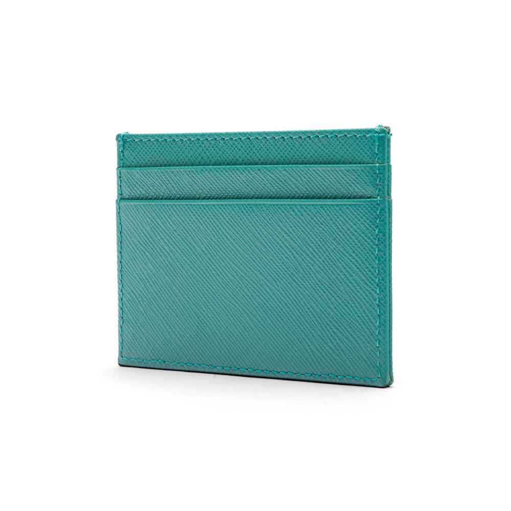 Flat leather credit card wallet 4 CC, teal saffiano, side