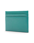 Flat leather credit card wallet 4 CC, teal saffiano, side