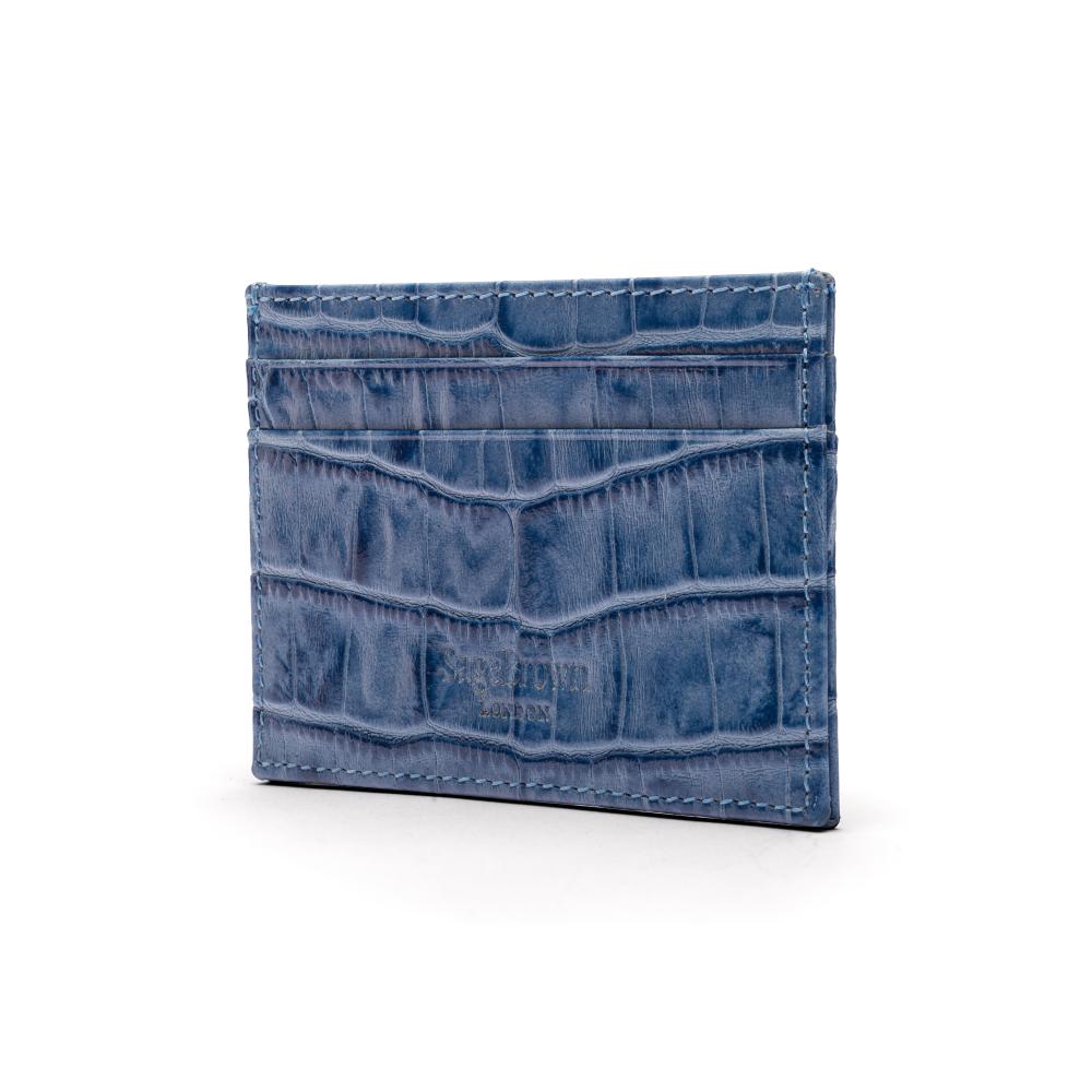 Flat leather credt card case, blue croc, back