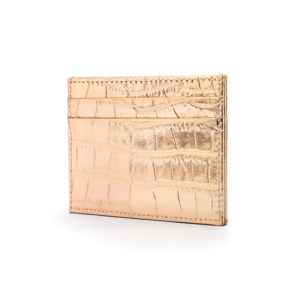 Flat leather credt card case, gold croc, side