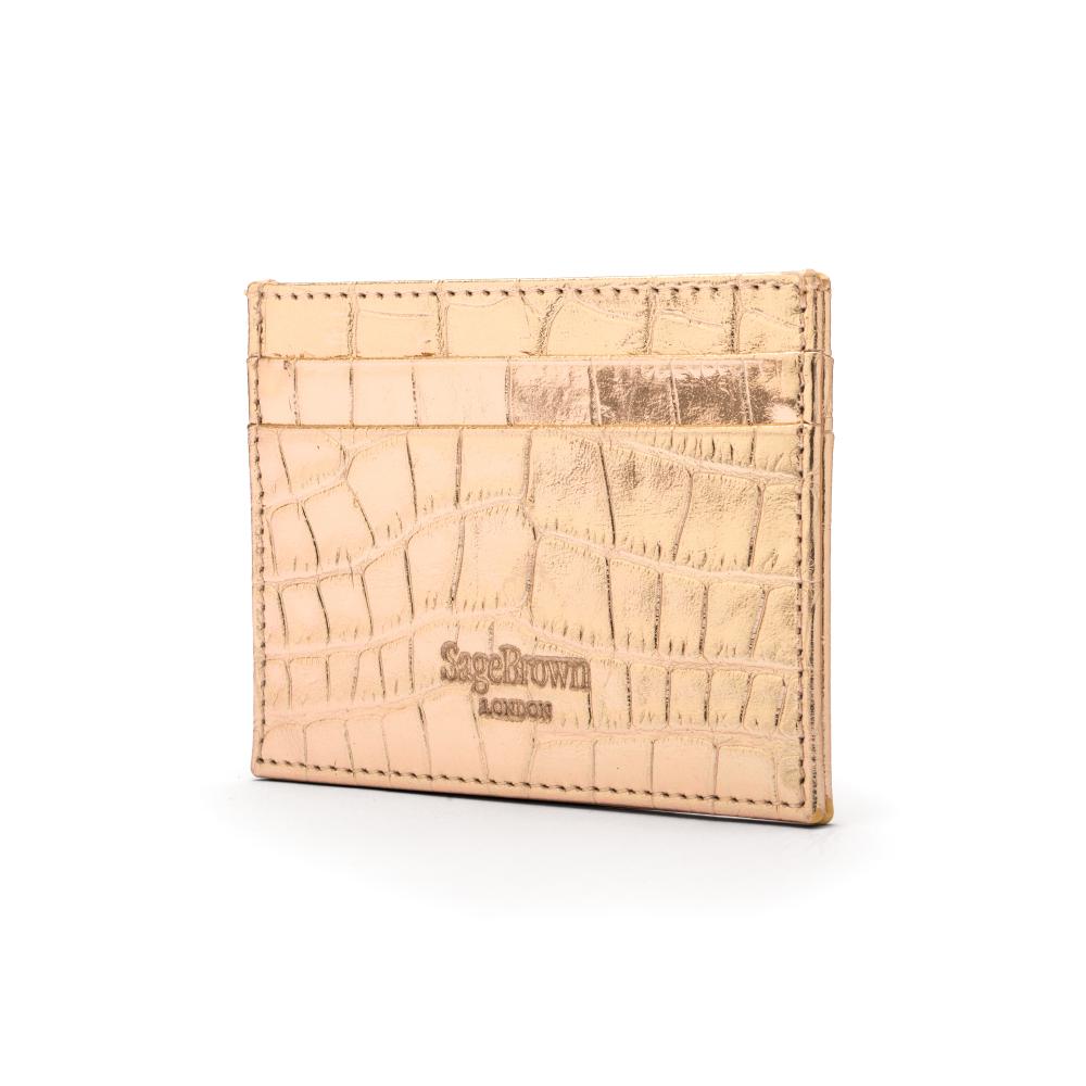 Flat leather credt card case, gold croc, back