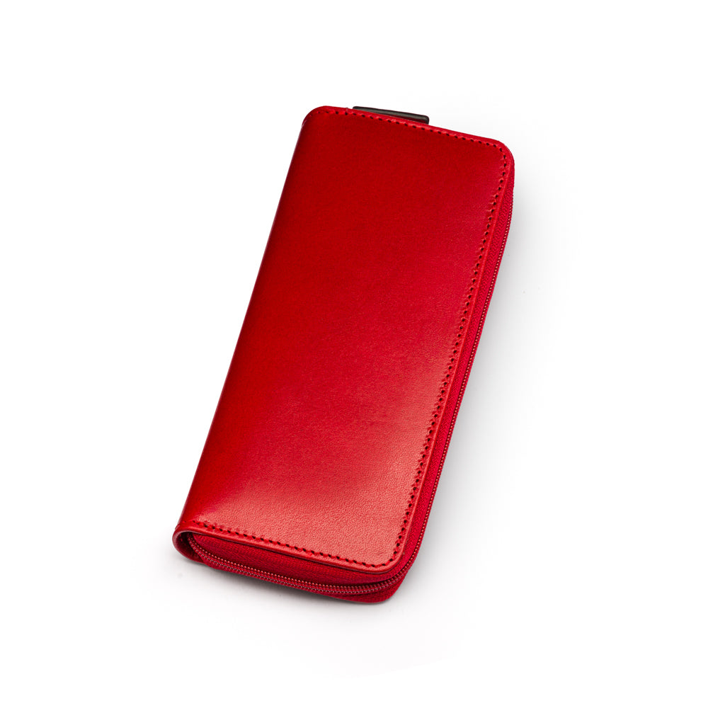 Leather zip around triple pen case, red, front